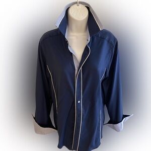 Naracamicie Italian Shirt - S navy .white striped.  Cotton elastane